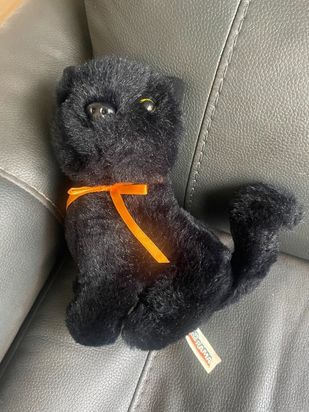 Toy-O-Rama Halloween Fall Black Cat Plush Green Eyes Orange Ribbon 9”
